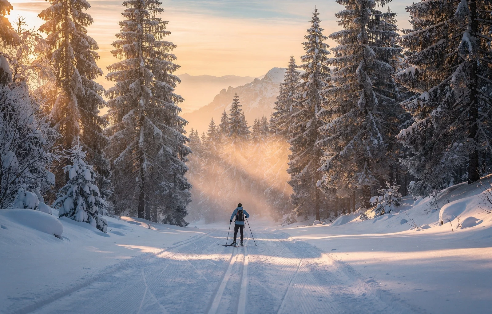 Skieur de fond à l'aube dans la forêt de Chartreuse