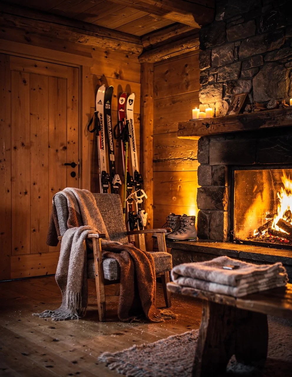 Chalet en bois avec feu de cheminée