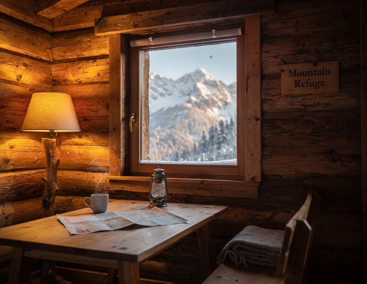 Refuge de montagne en bois face aux sommets