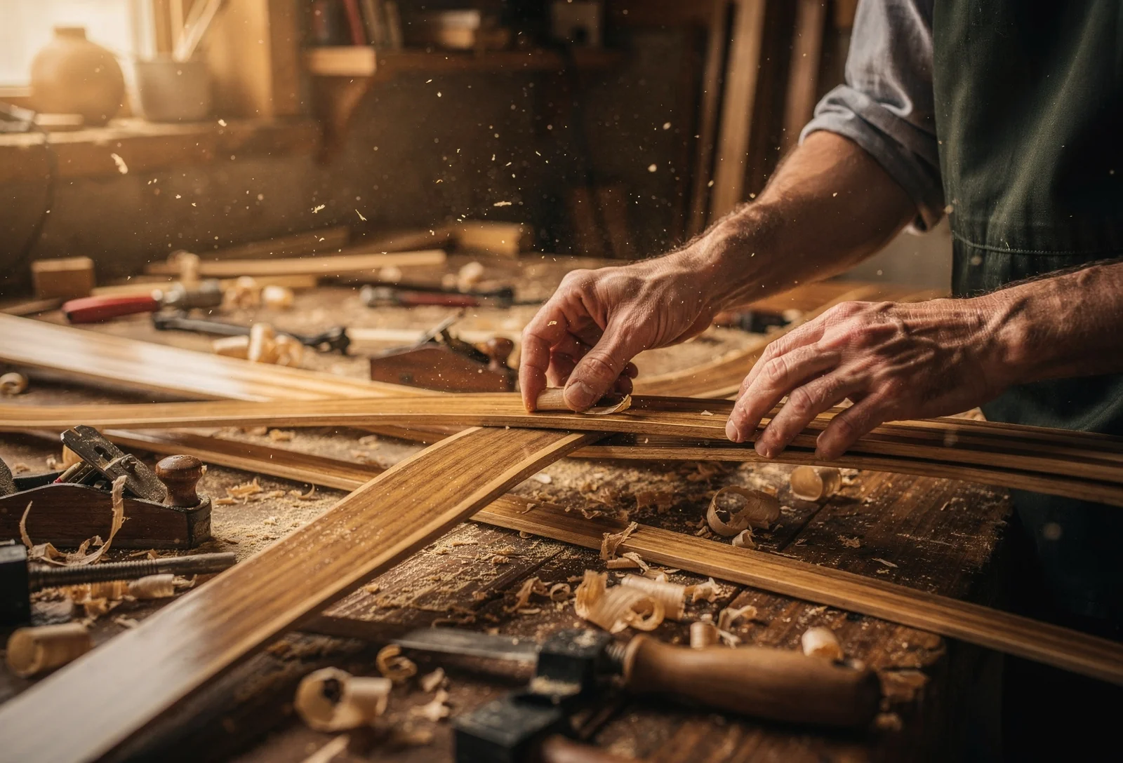 Artisan façonnant des skis de fond en bois